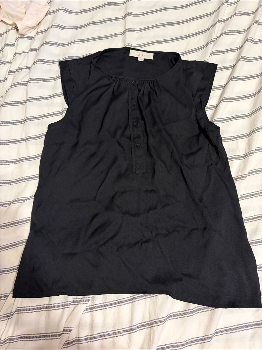 LOFT Black Cap-Sleeve Henley Blouse